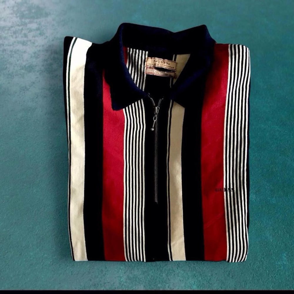 Guess Vintage Vertical Stripe Quarter Zip Rugby Sweater in Red, Blue & Cream